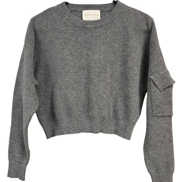 sage + stone Sweaters - Sage‎ + Stone Women Charcoal Grey Waffle Knit Cropped Cargo Pocket Sweater S